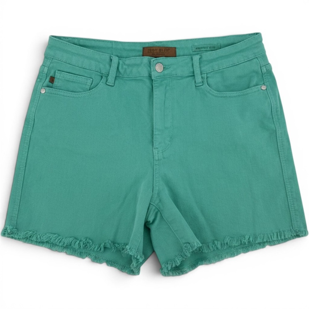 Judy Blue Garment Dyed High Rise Raw Fringe Hem Denim Shorts Teal Green XL